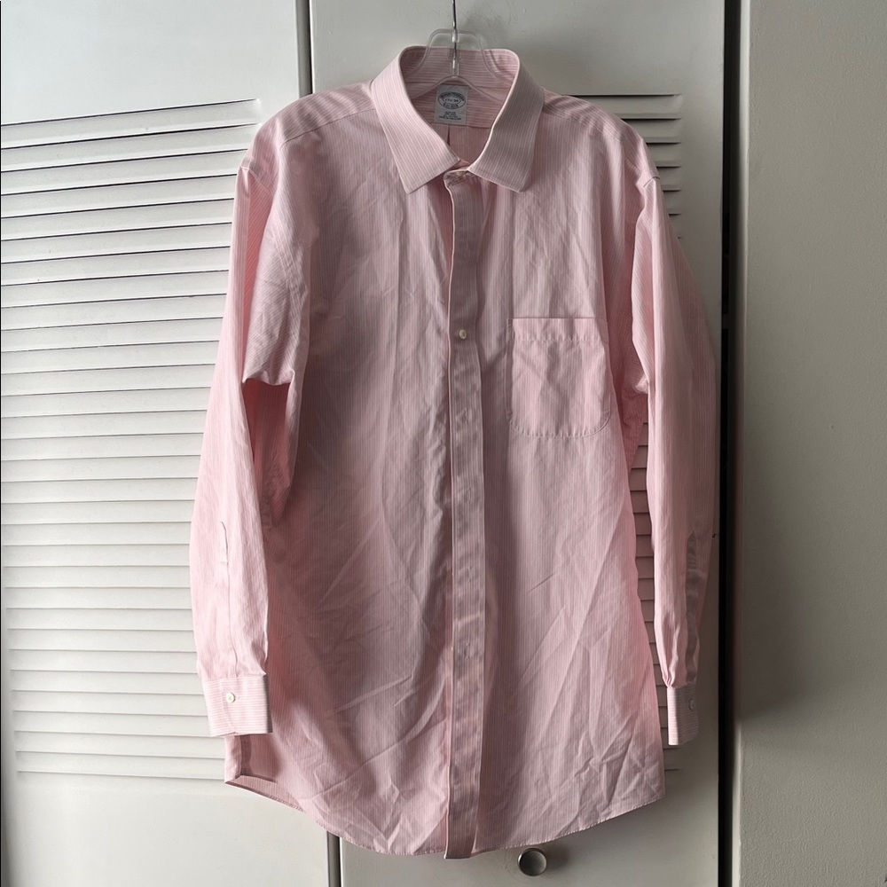 Brooks Brothers Pink/White Stripe Dress Shirt, Size 17-1/2-34